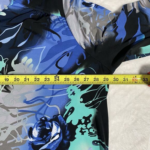 Ulla Popken Top Women's Plus Sz 24/26 Blue Abstract Artsy Stretch Button Down - Picture 5 of 8